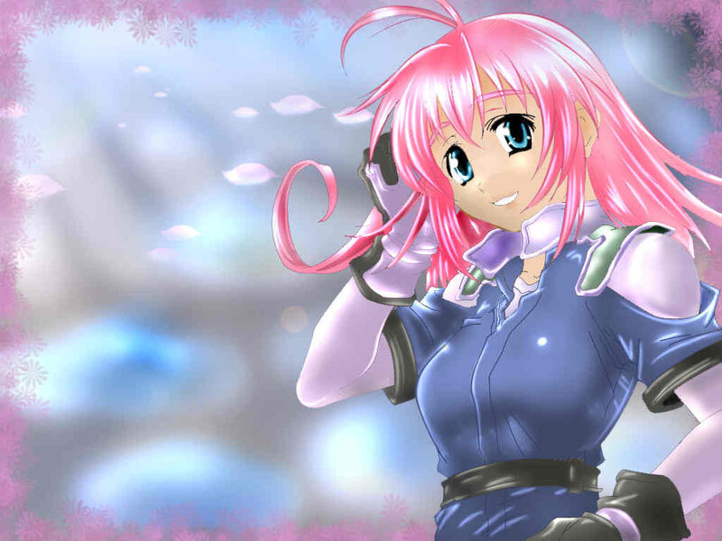pink-haired anime girl with phone