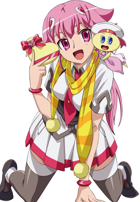 pink-haired anime girl with plush toy