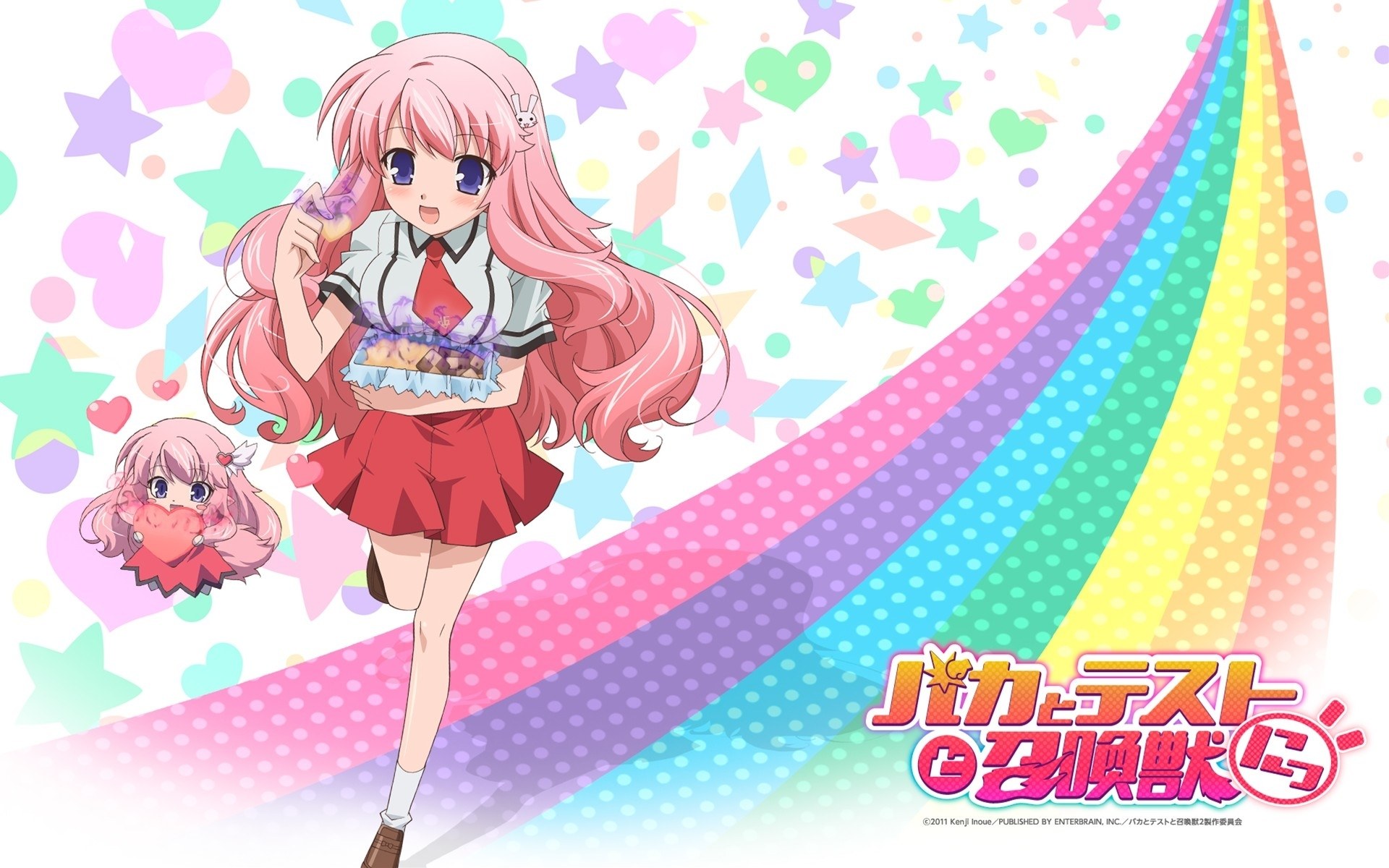pink-haired anime girl with rainbow