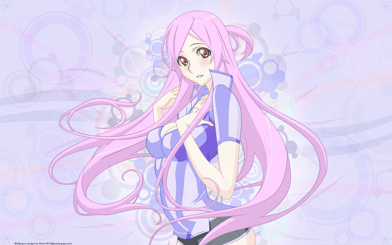pink-haired anime girl with red eyes
