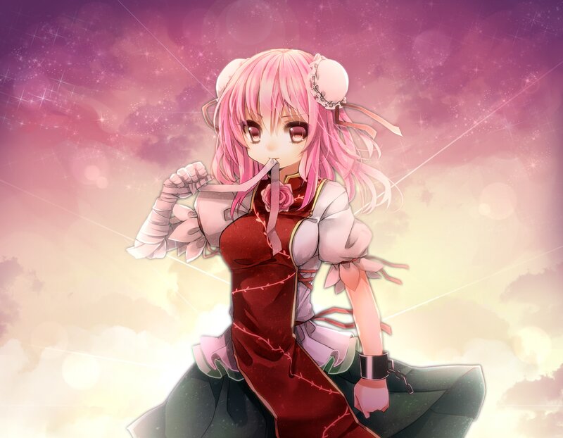 pink-haired anime girl with ribbon