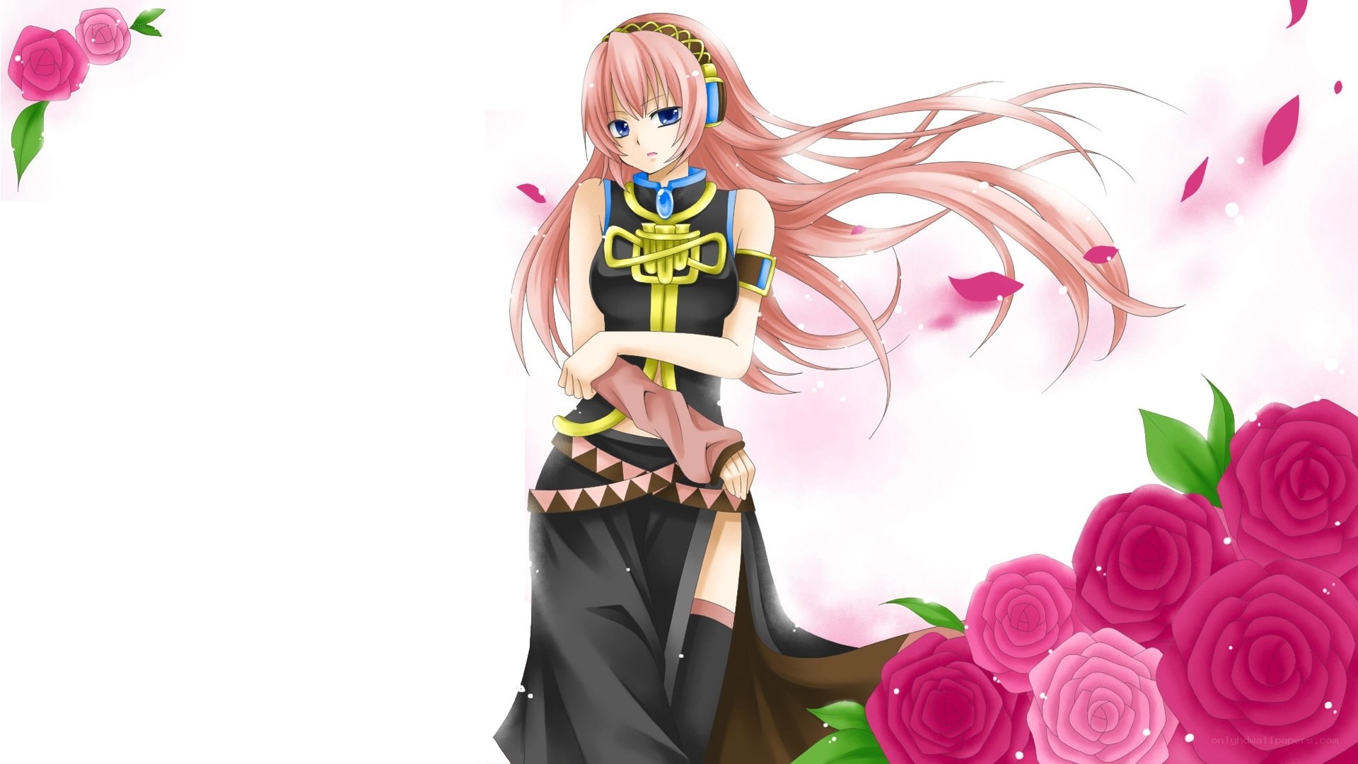 pink-haired anime girl with roses