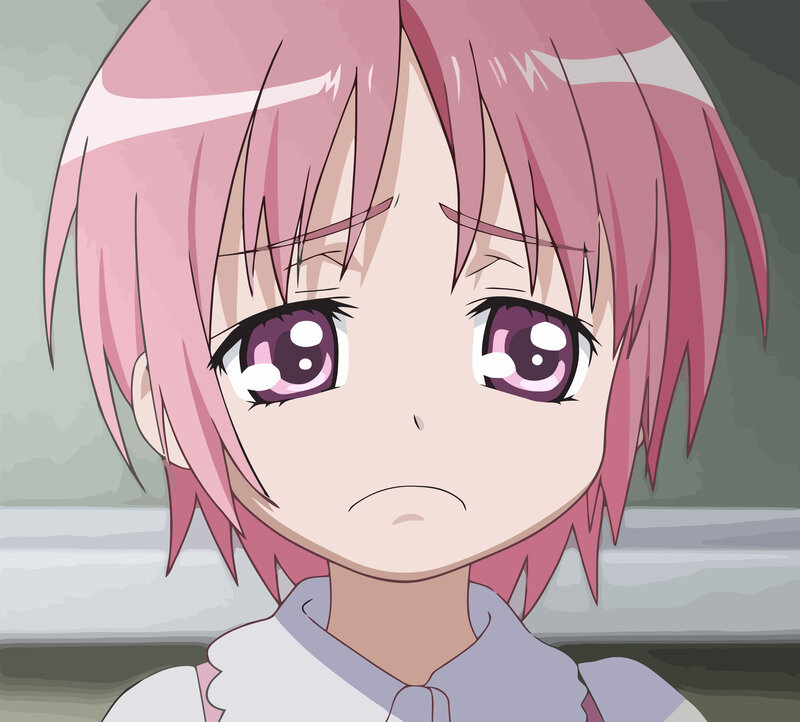 pink-haired anime girl with sad eyes