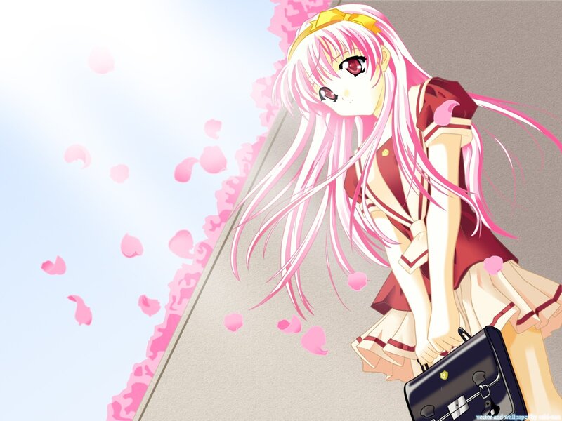 pink-haired anime girl with school bag