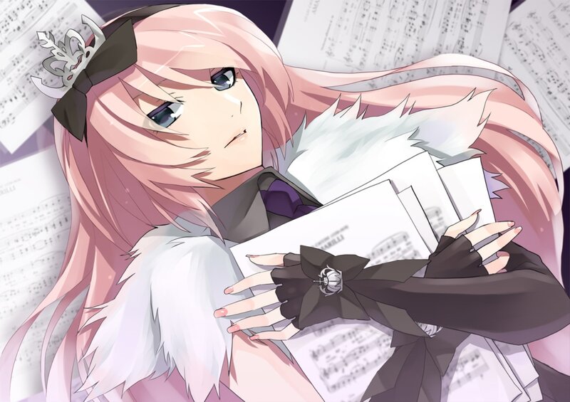pink-haired anime girl with sheet music