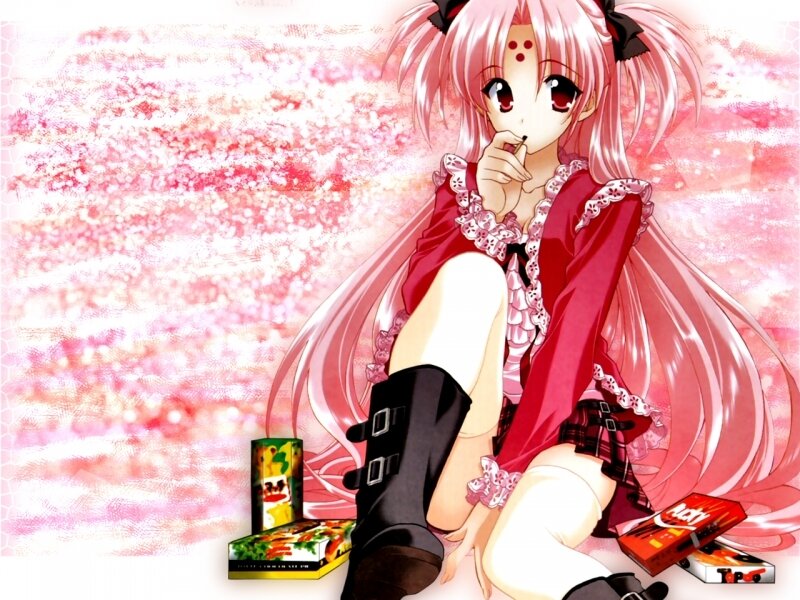 pink-haired anime girl with snacks