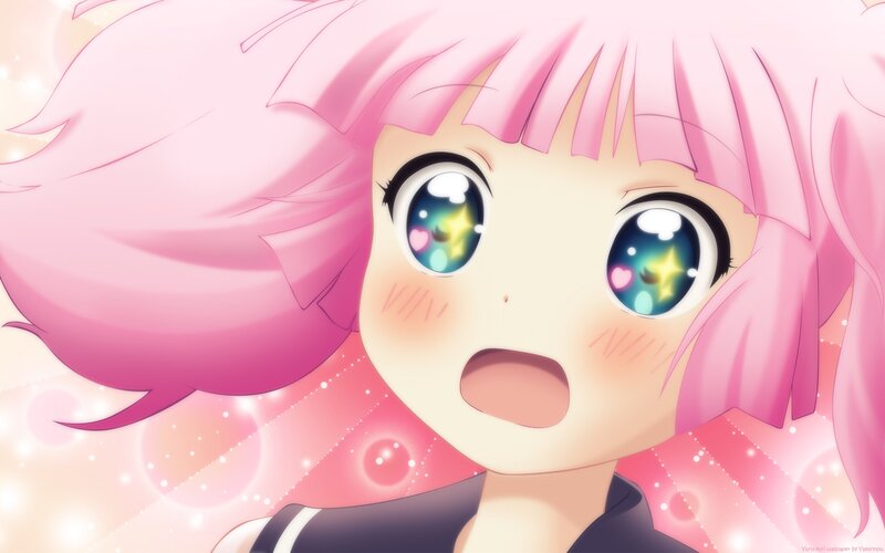 pink-haired anime girl with sparkly eyes