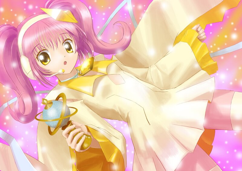 pink-haired anime girl with staff