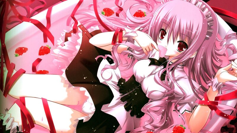 pink-haired anime girl with strawberries
