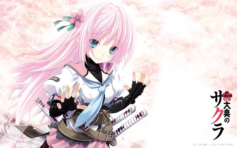 pink-haired anime girl with swords