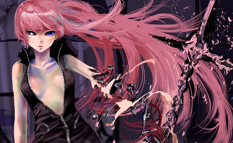pink-haired anime girl with weapon