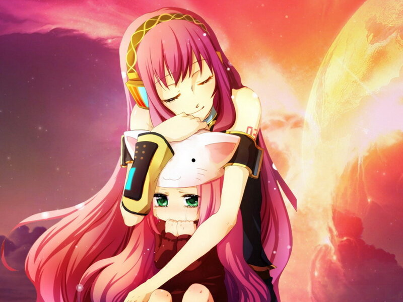 Pink-haired anime girls hugging