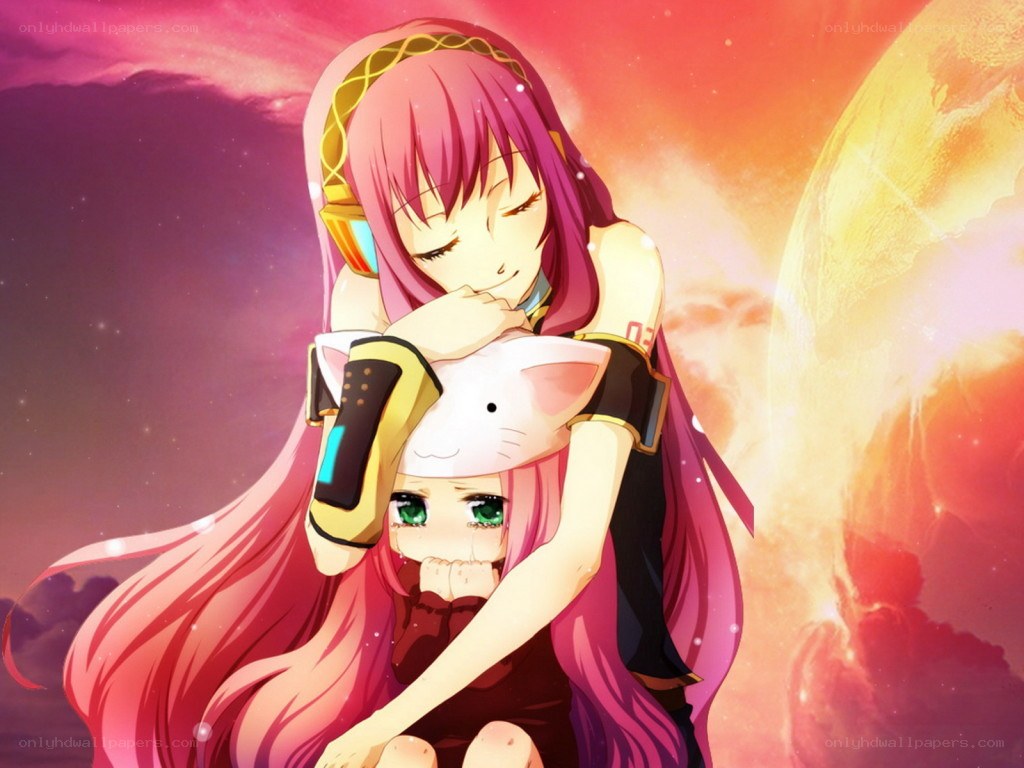 Pink-haired anime girls hugging