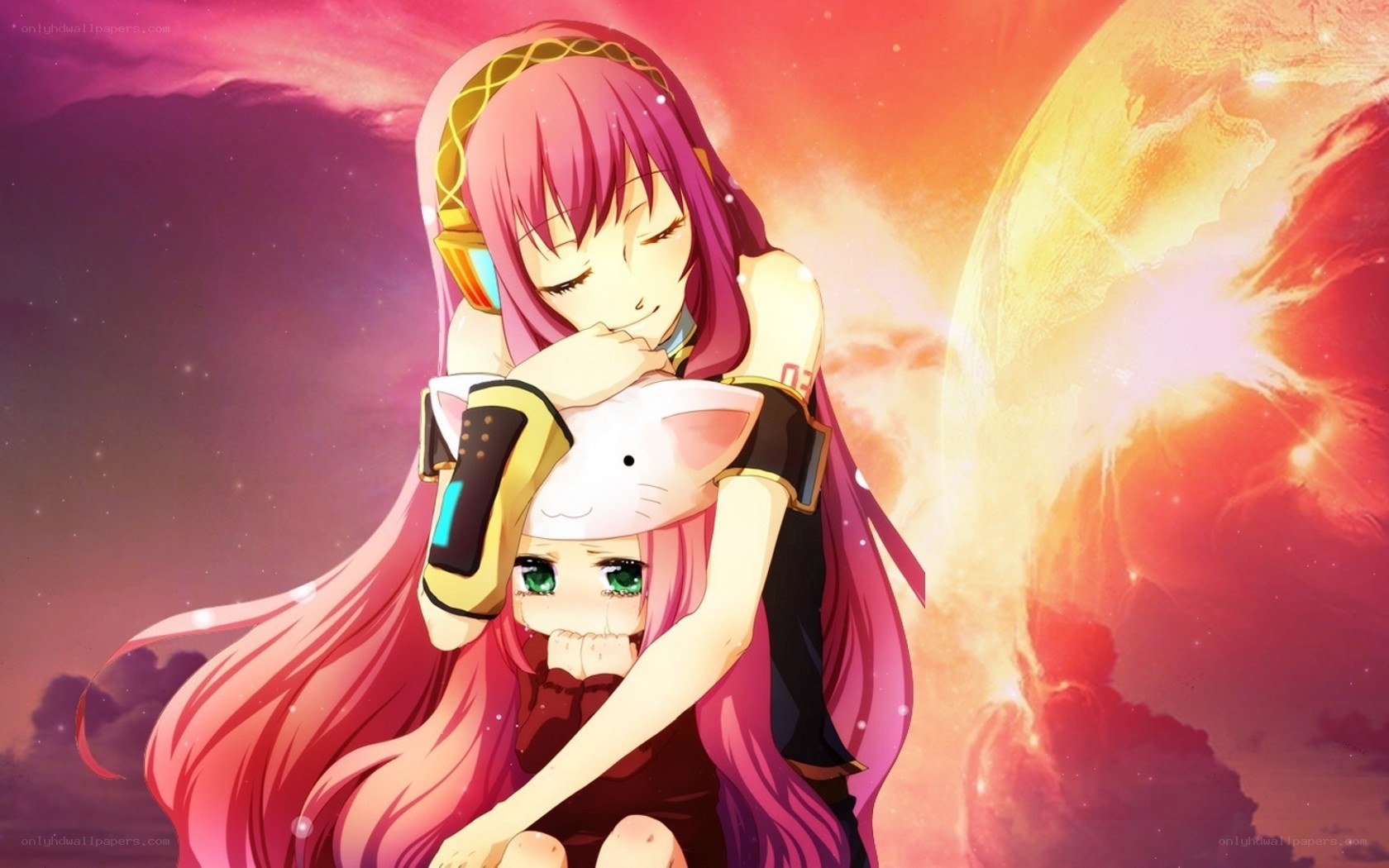 Pink-haired anime girls hugging