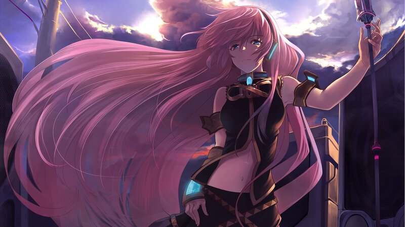 pink-haired anime singer at sunset