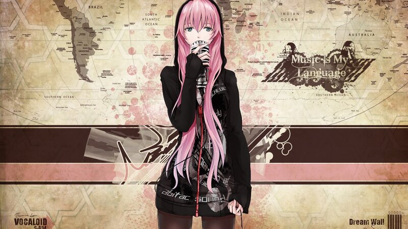 Pink-haired Anime Singer — Black, Dramatic, Digital Art, Microphone
