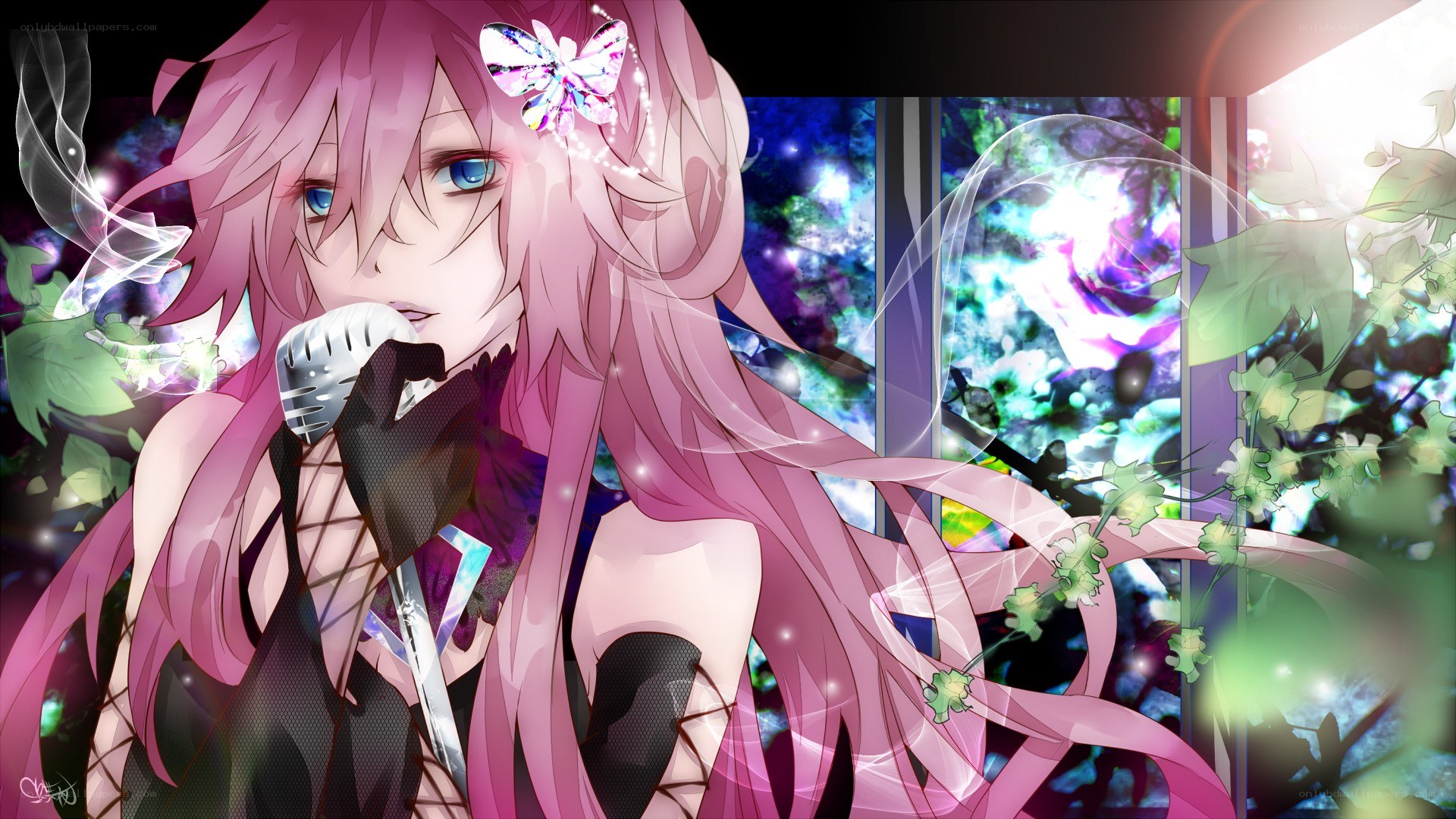 pink-haired anime singer with microphone