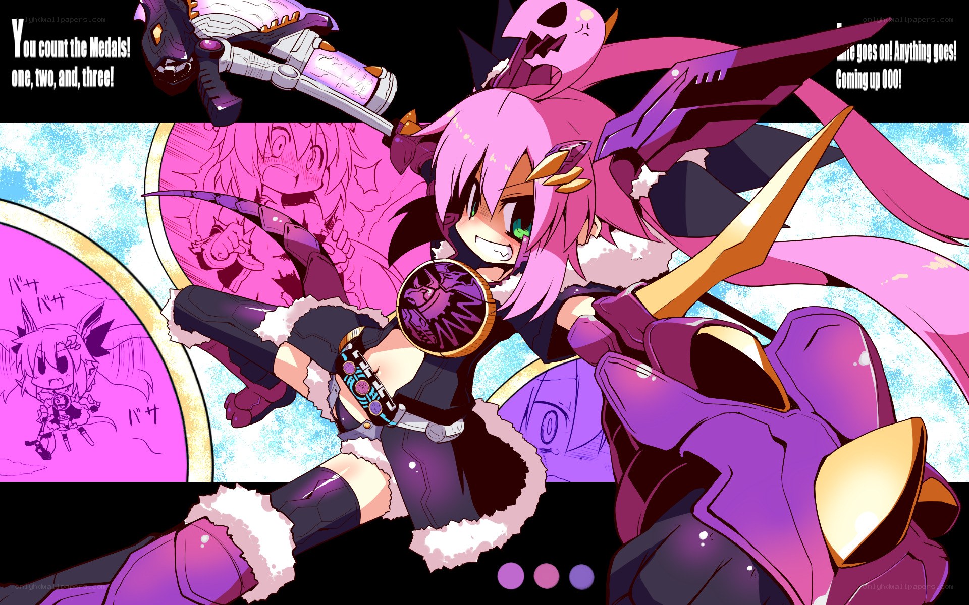 Pink-haired anime warrior with weapons