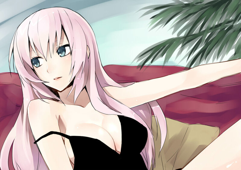 pink-haired anime woman in black dress