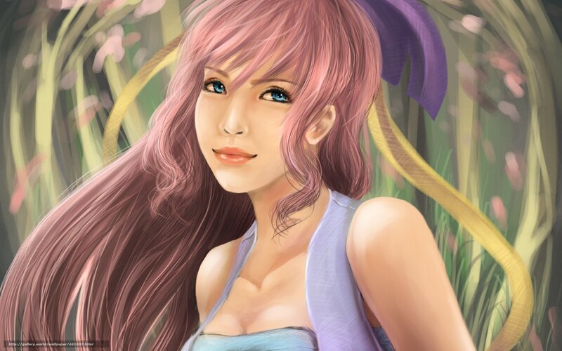 pink-haired anime woman in field