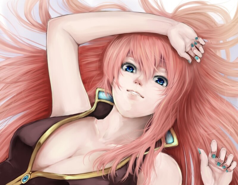 pink-haired anime woman lying down
