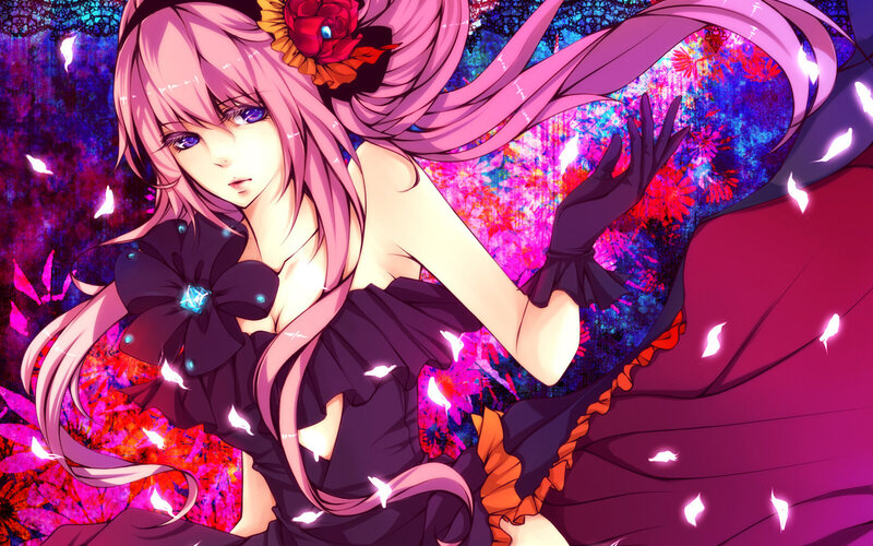 Pink-haired Anime Woman — Purple, Dramatic, Night, Flower