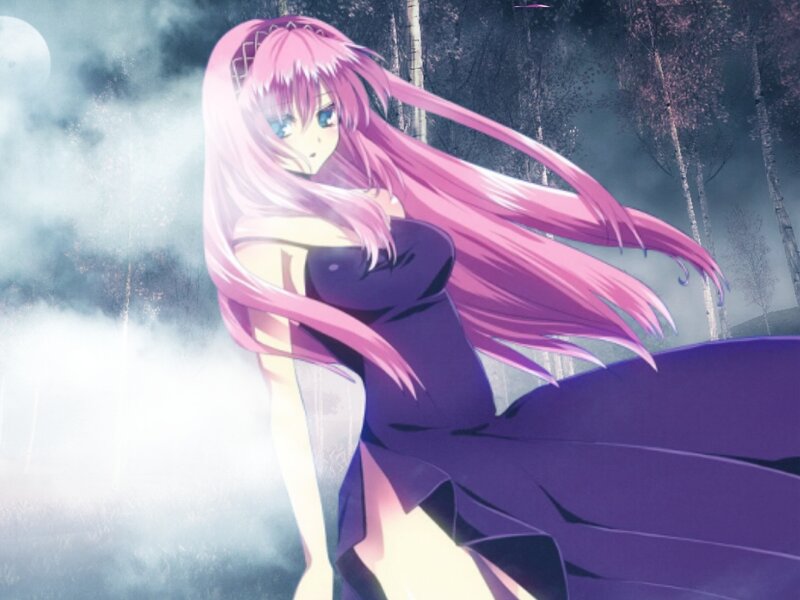 Pink-haired Anime Woman — Purple, Dramatic, Night, Forest