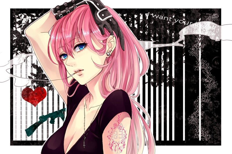pink-haired anime woman with cigarette