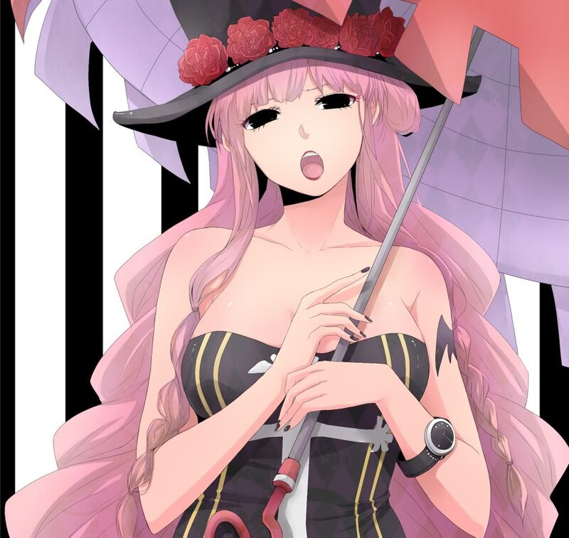 pink-haired anime woman with umbrella
