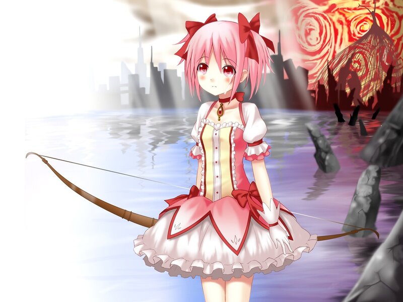 Pink-haired archer in a ruined city