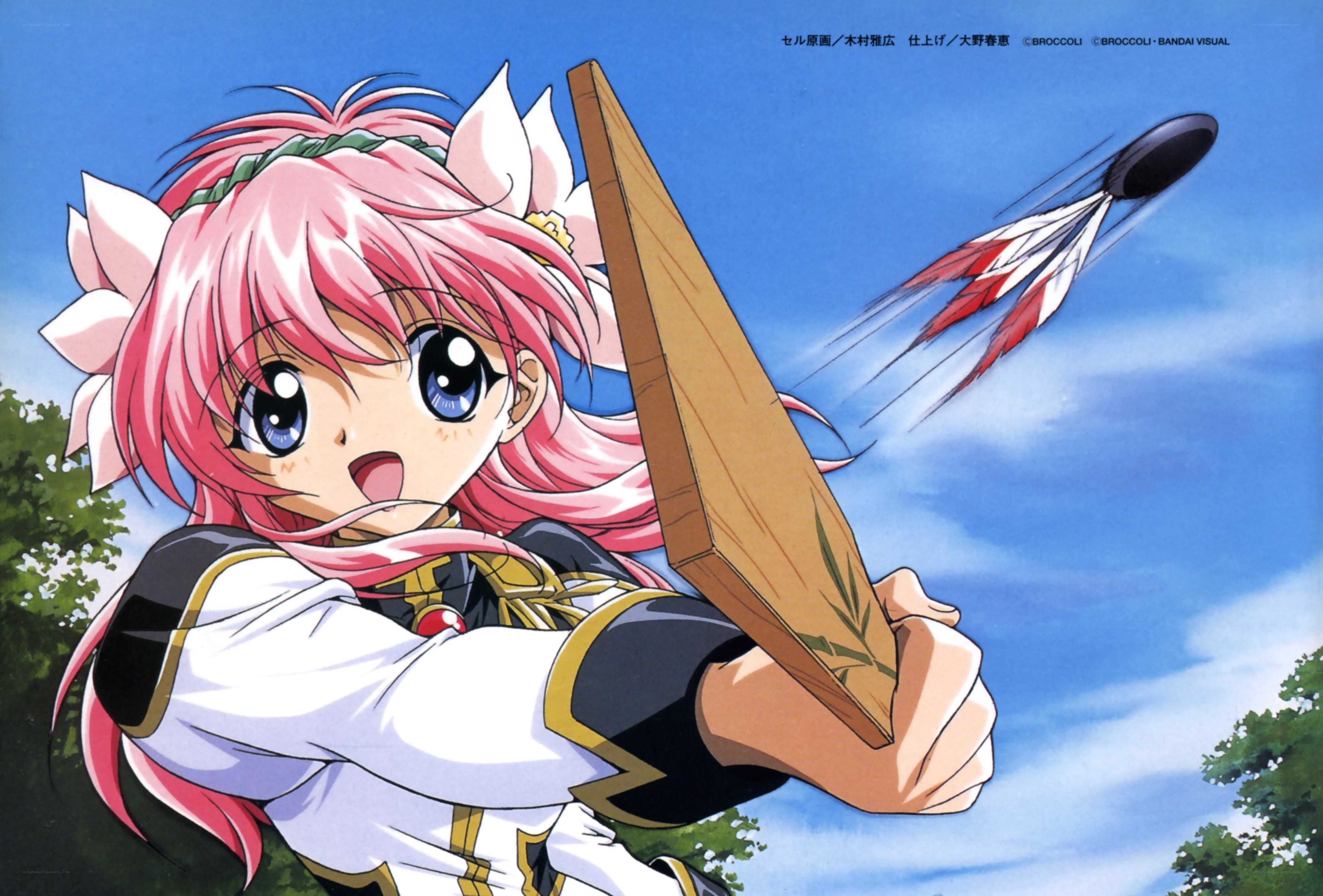 pink-haired archer in action