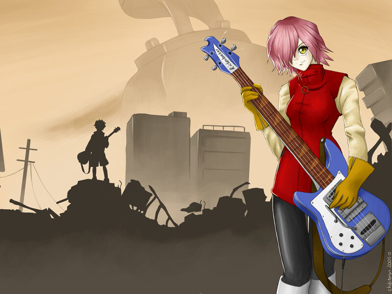 Pink-haired bassist in a wasteland