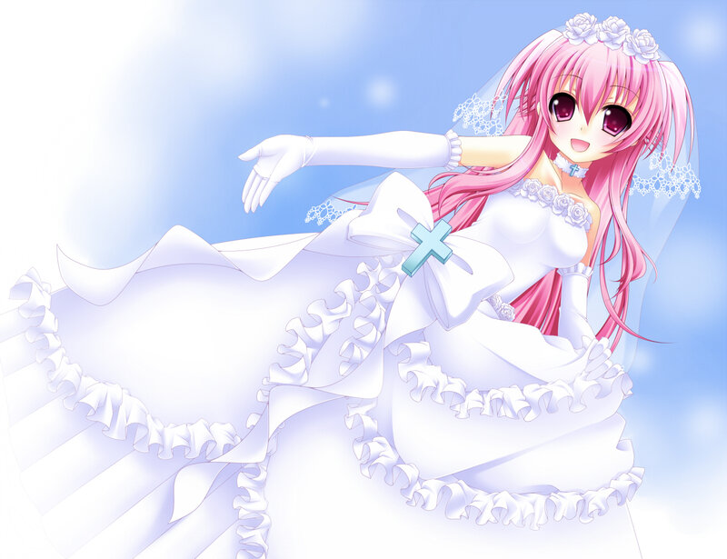 pink-haired bride in white dress