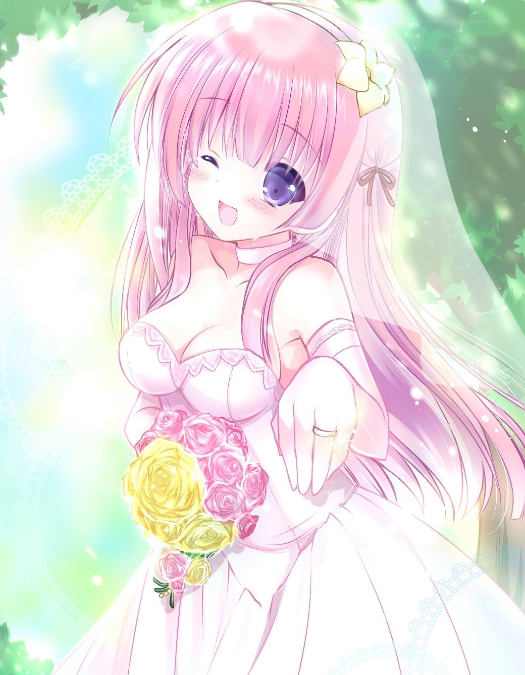 pink-haired bride with bouquet