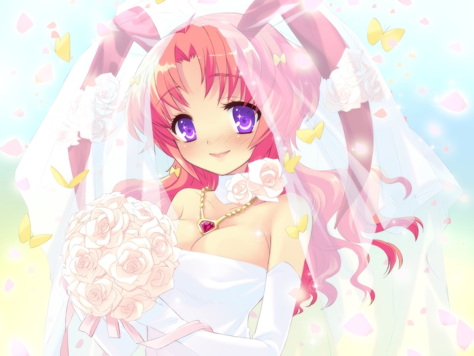 pink-haired bride with bouquet