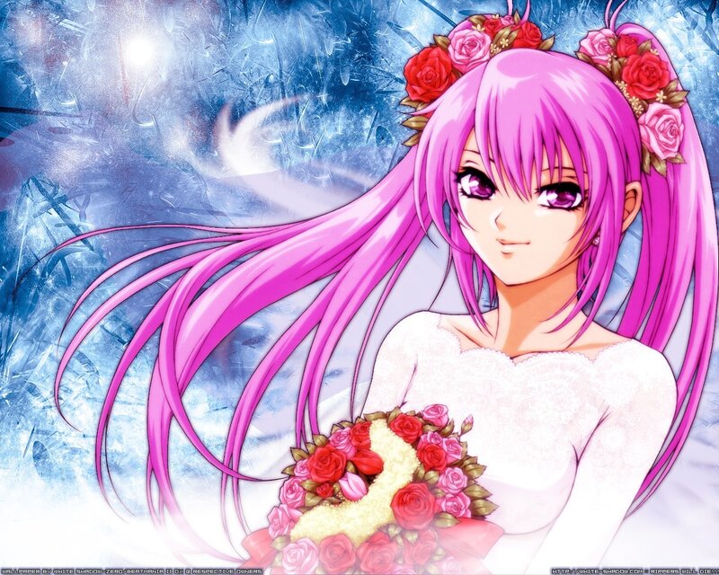 pink-haired bride with flowers