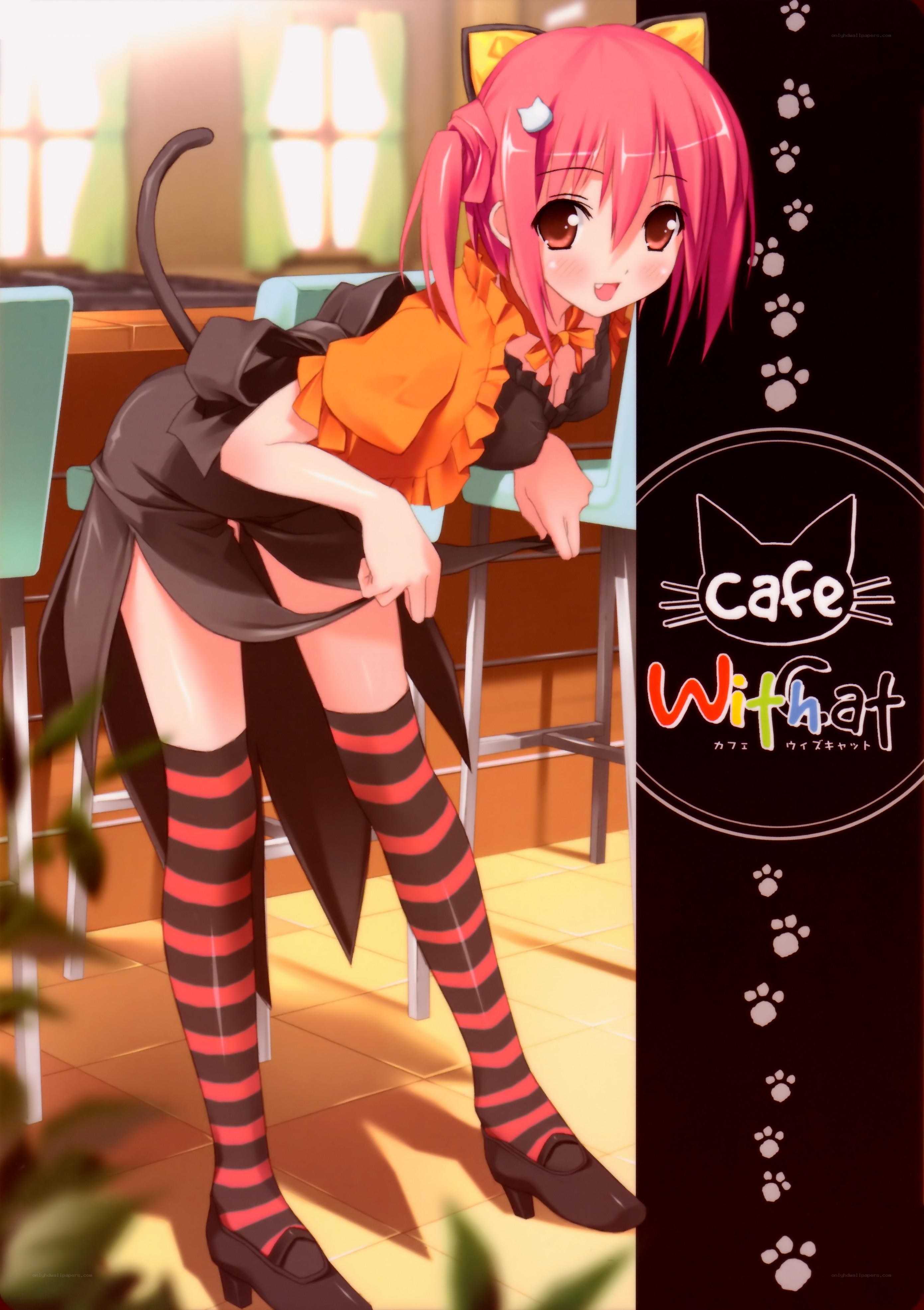 pink-haired cat girl at cafe