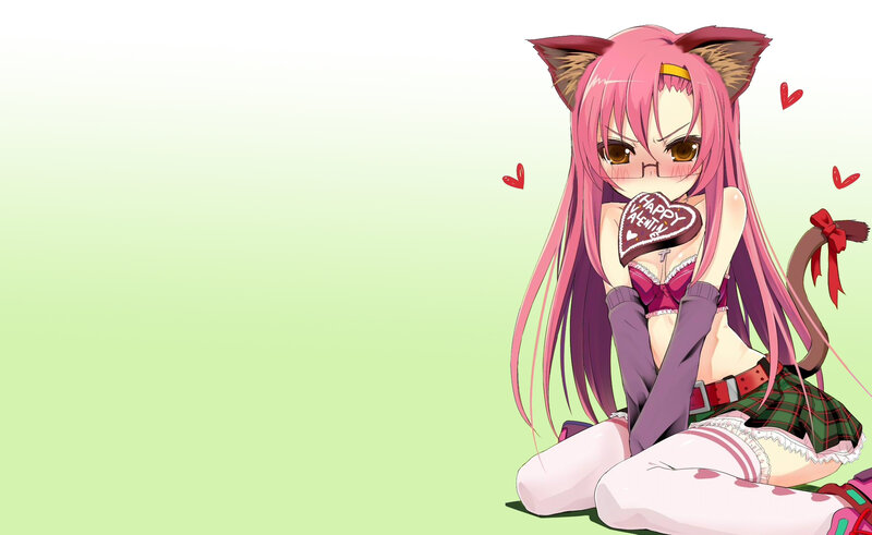 pink-haired cat girl holding heart