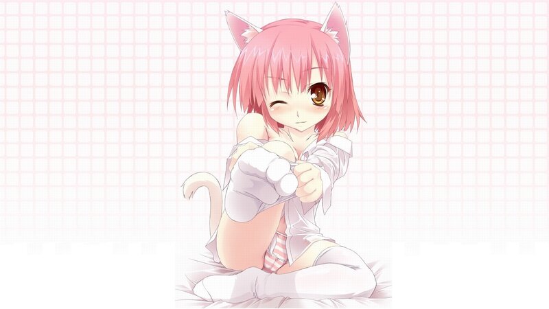 pink-haired cat girl winking