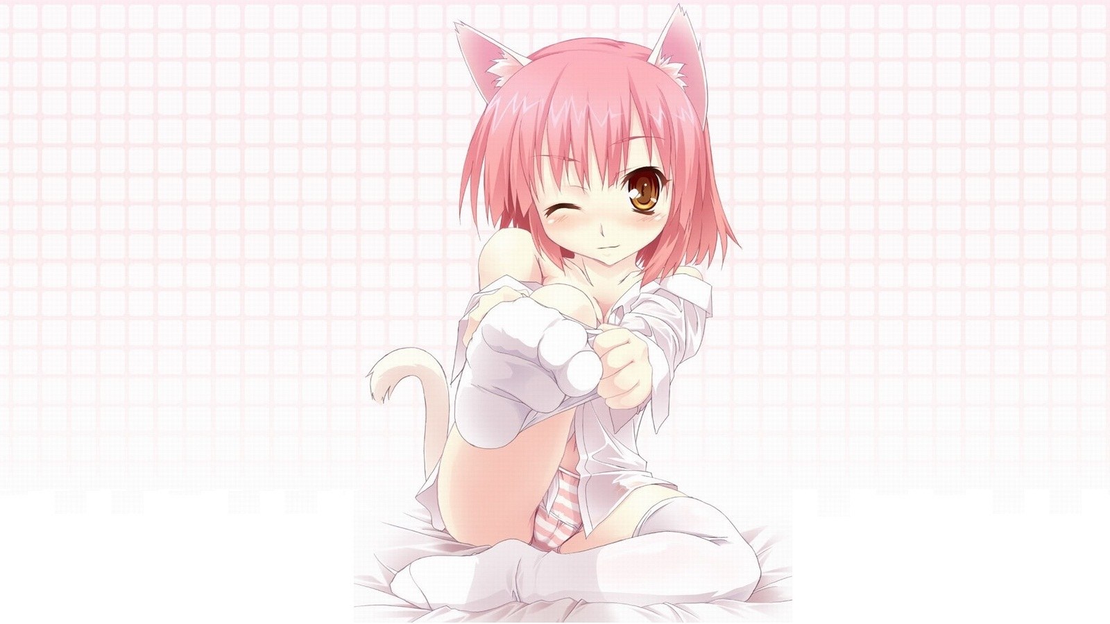pink-haired cat girl winking