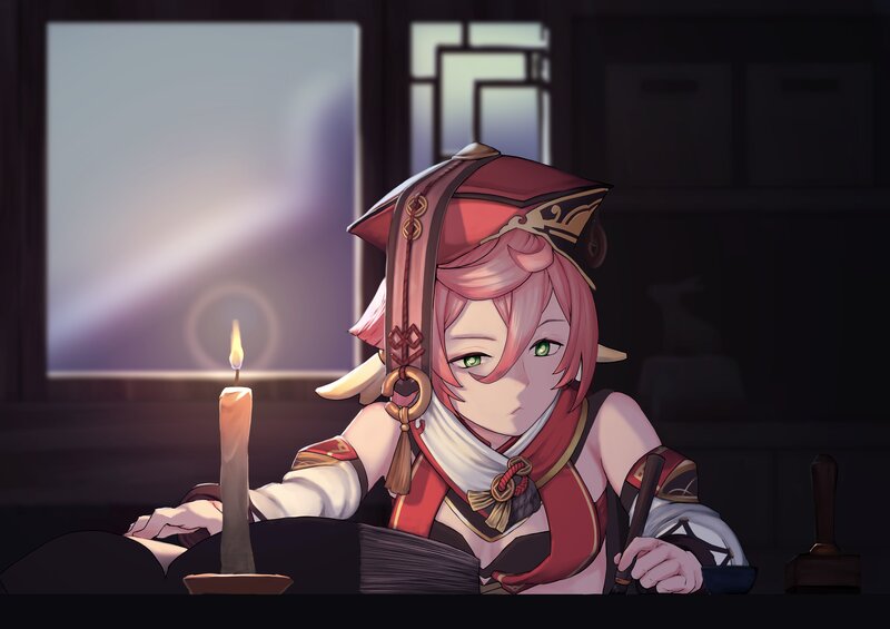 Pink-haired Character at Table — Red