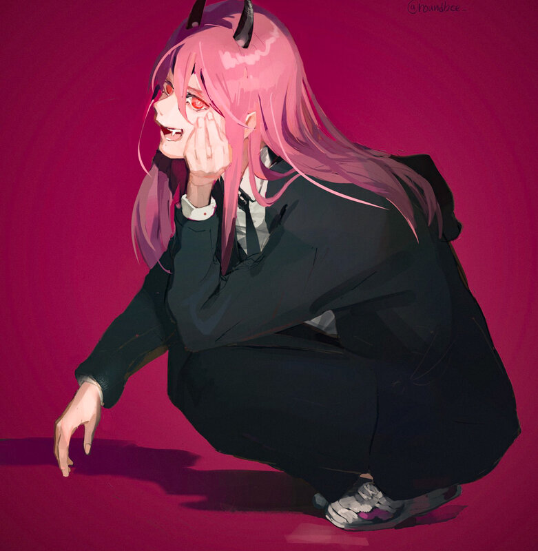 Pink-haired Character Crouching