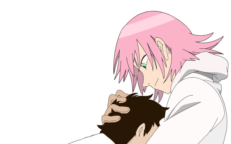 pink-haired character holding another