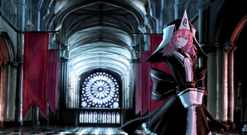 Pink-haired Character in Cathedral