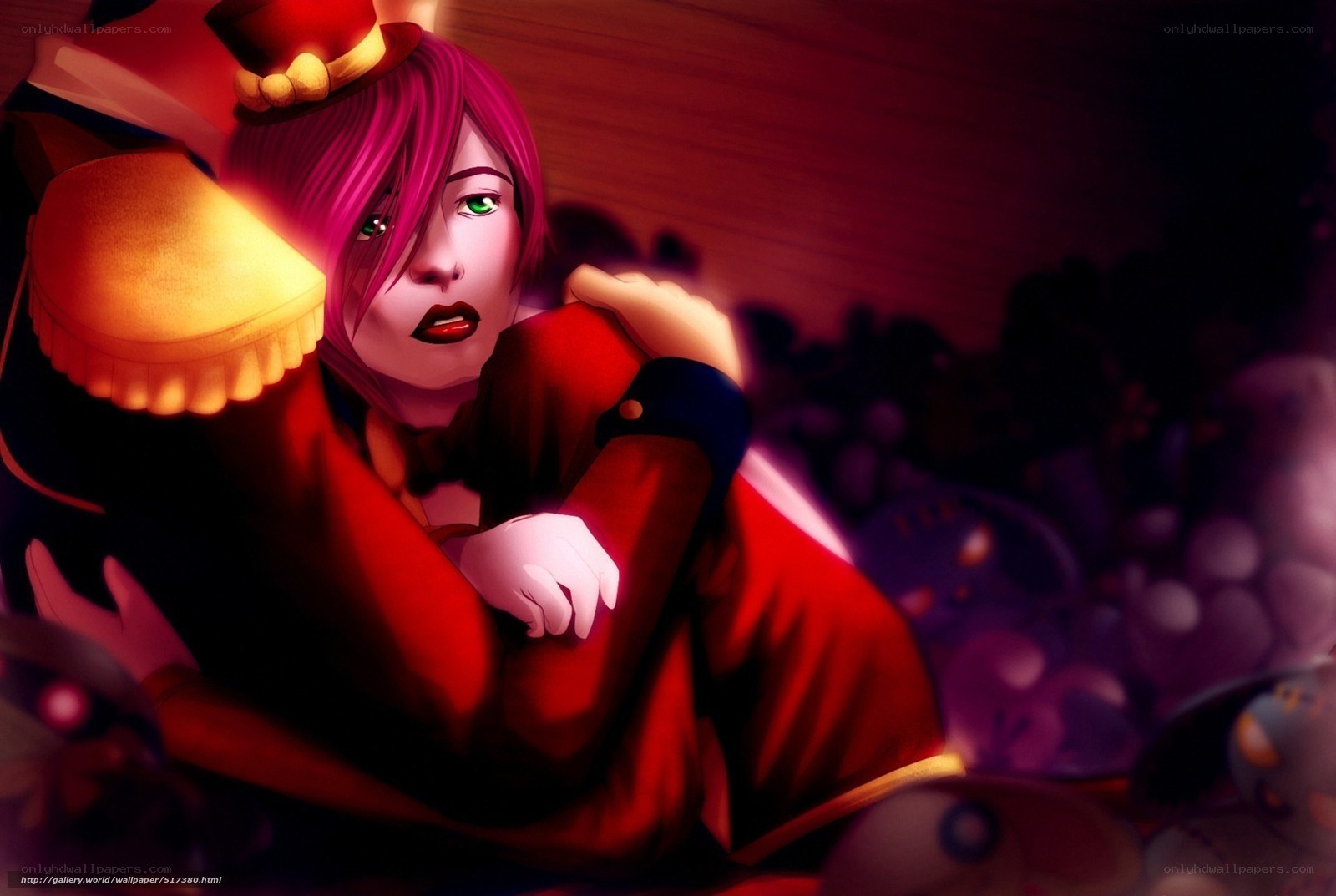 pink-haired character in red coat