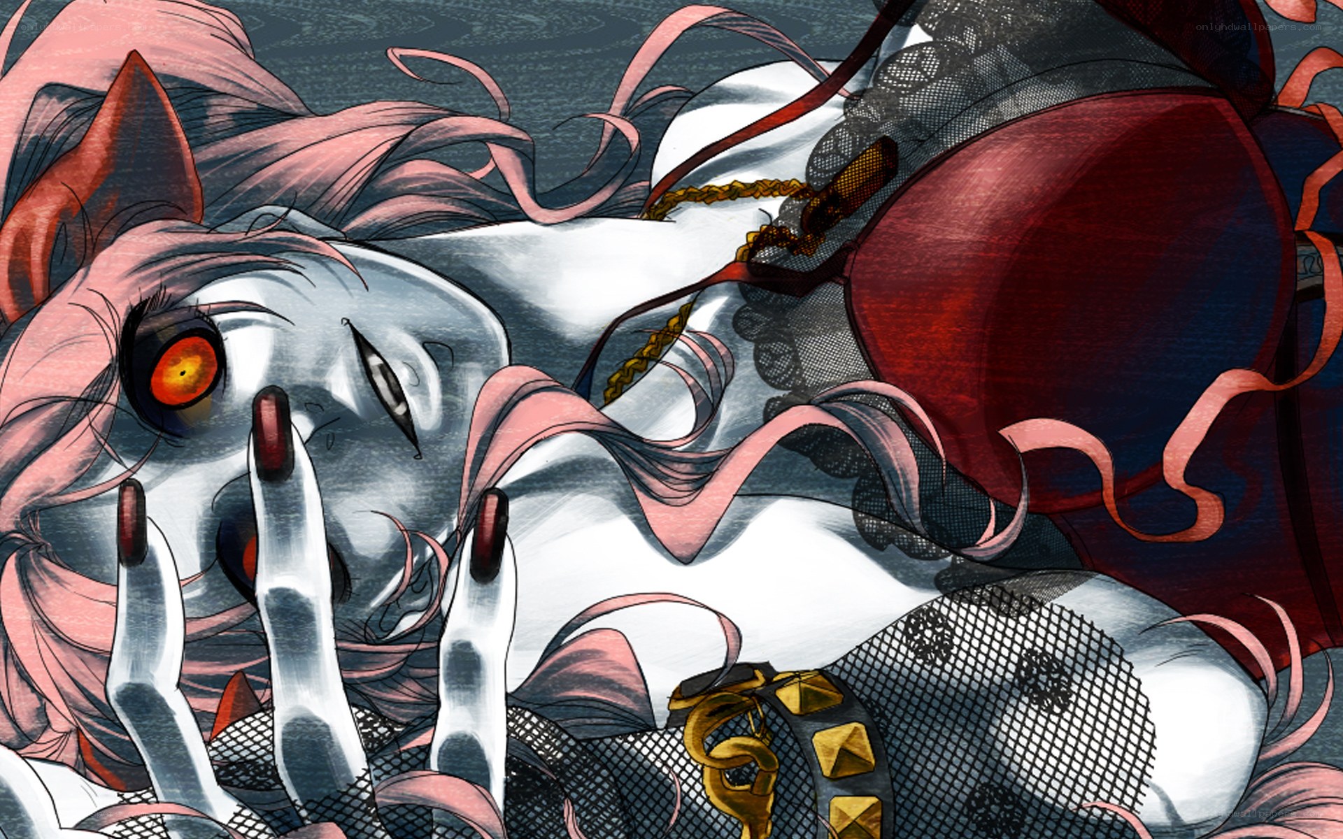 pink-haired character in red outfit