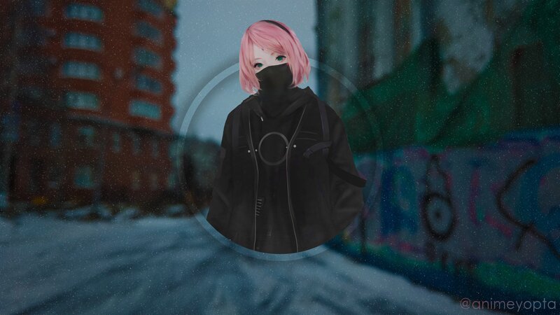 Pink-haired Character in Snow — Black