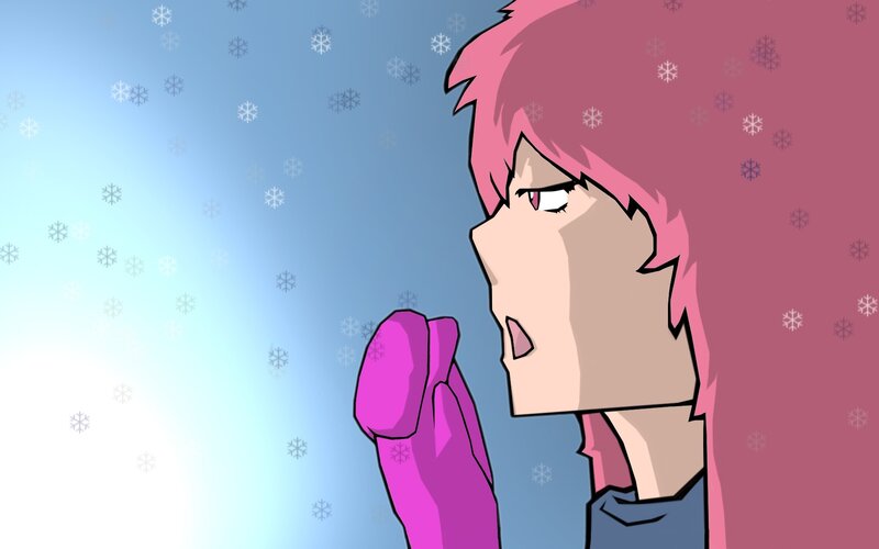 pink-haired character in snow