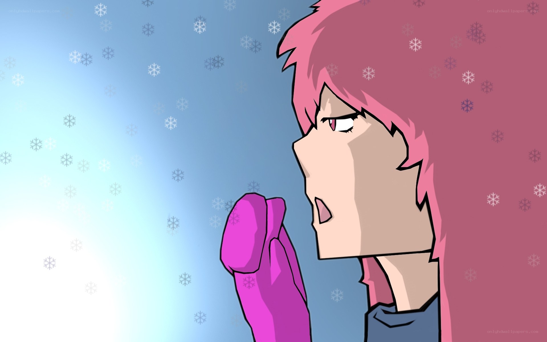 pink-haired character in snow
