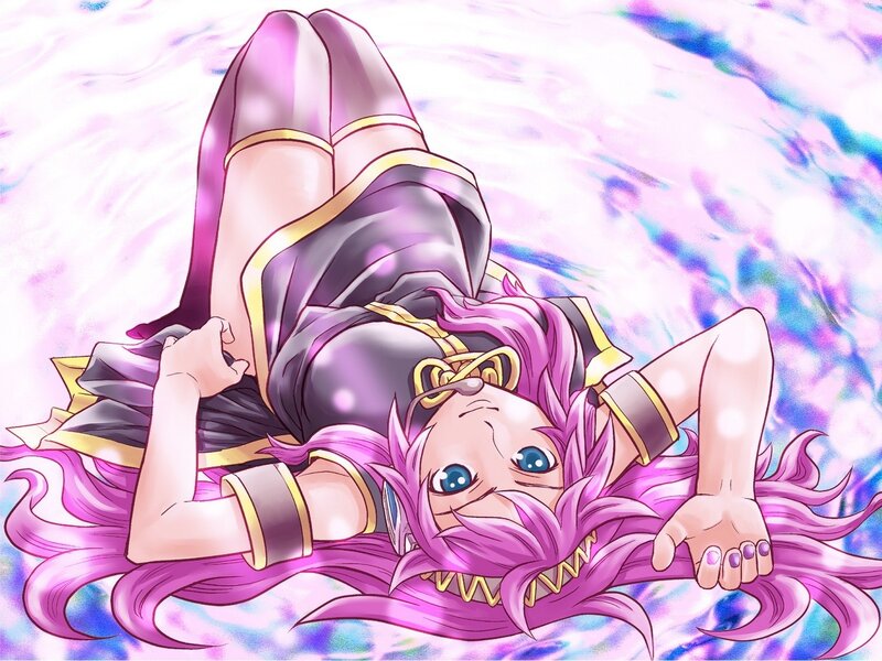 pink-haired character lying down